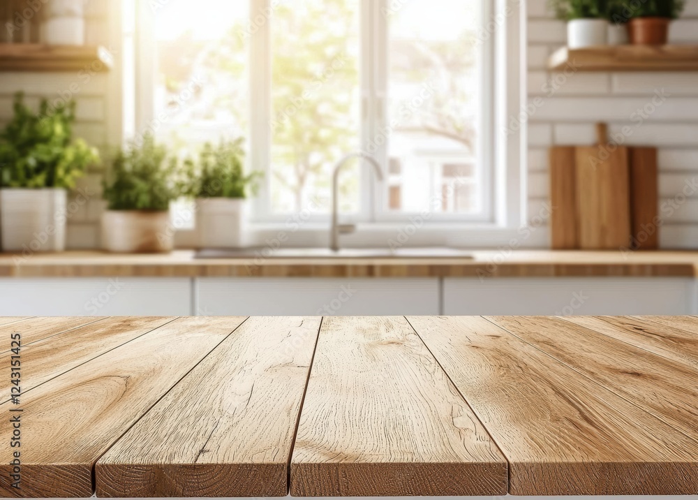 Poster empty wooden table top on blurred kitchen background for product display