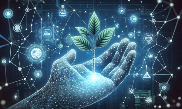 Planung der Natur, eine Hand h&auml;lt eine lebendige Pflanze, durch den ein digitales Netzwerk scheint. Verschmelzung und Symbol von Technologie und &Ouml;kologie f&uuml;r eine nachhaltige Zukunft