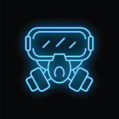 Blue neon sign showing a gas mask with filters and vr glasses glowing on a black background
