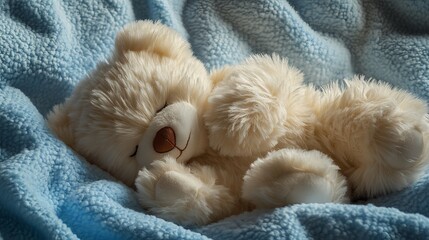 Fototapeta premium Cozy teddy bear resting on soft blanket