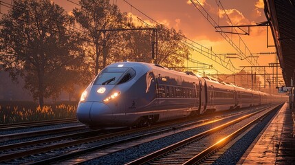 Naklejka premium High-Speed Train at Sunset: A Journey Through Scenic Landscapes