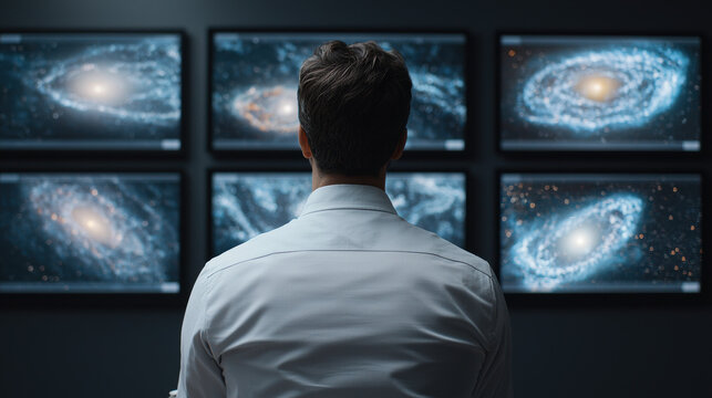 An astronomer explaining galaxy formations using telescope imagery, A person observes multiple screens displaying stunning images of galaxies, representing the vastness of the universe.