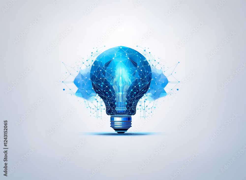 Poster abstract digital blue lightbulb design with polygonal mesh effect, emitting bright light on soft gra