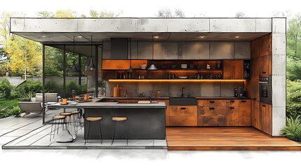 Outdoor kitchen design, backyard, concrete, rust, modern, rendering, autumn, island, stools,  planning
