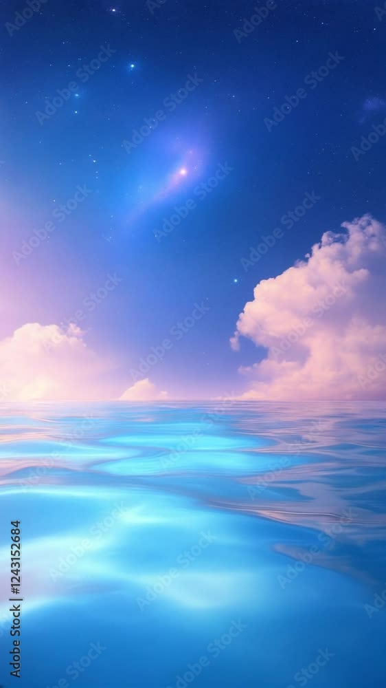 Poster vertical video of serene ocean waters under starry sky with soft clouds and gentle waves reflecting 