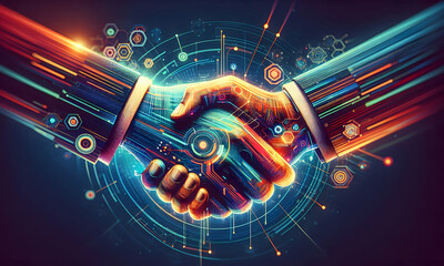 Zwei moderne Geschäftsmänner schütteln sich die Hand, Partner, Business-Deal-Konzept, Handschlag, technisierter Hintergrund