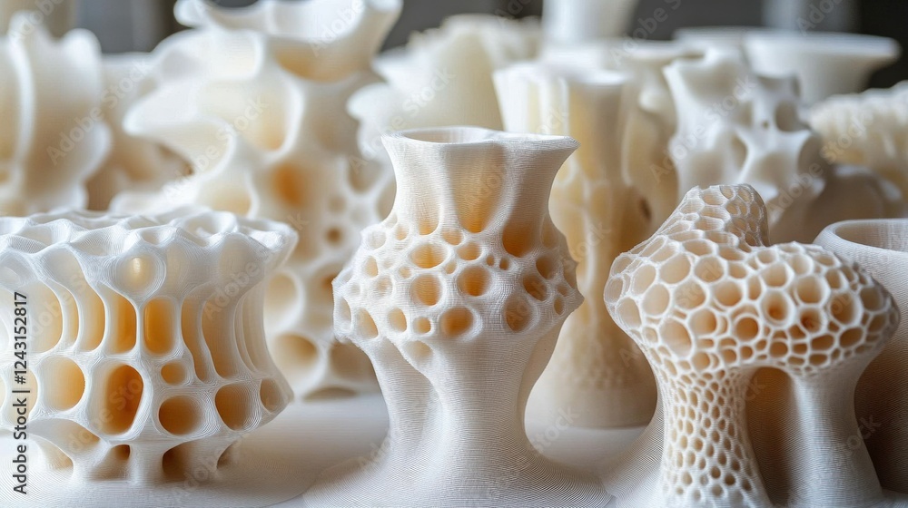 Poster intricate 3d-printed sculptures displayed in a modern art gallery with soft lighting