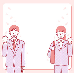 Fototapeta premium スーツを着た新卒の男女のシンプルでポップなイラストと桜色のベクターフレーム