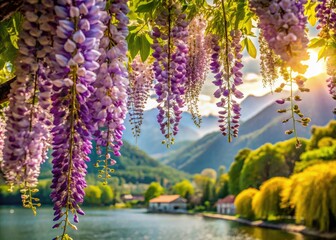 Obraz premium Lake Como's Bellagio blooms: springtime wisteria, soft bokeh photography captures its ethereal beauty.