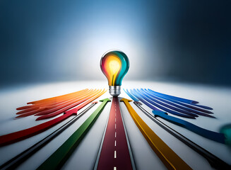 Colorful arrows converge towards a glowing light bulb, symbolizing ideas, solutions, and multiple paths leading to innovation and inspiration.