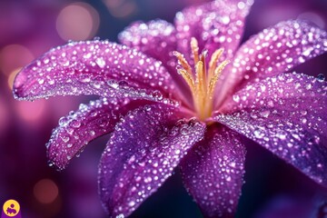 Close-up of a vibrant purple flower covered in morning dew