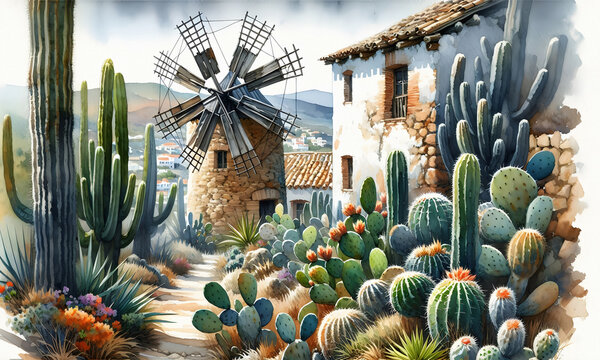 S&uuml;damerikanische oder spanische Landschaft mit Haus, Windm&uuml;hle und Kakteengarten, watercolor Zeichnung