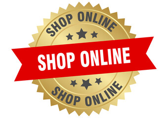 shop online. shop online round red and gold label isolated on transparent background