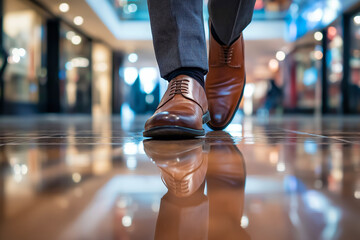 Fototapeta premium Close-up of man's legs in polished shoes walking confidently through a shopping mall with a professional style