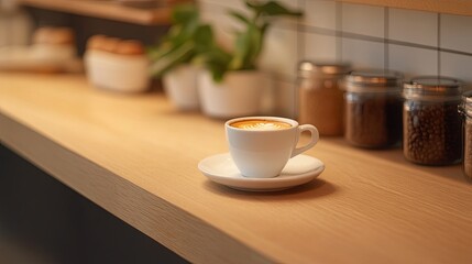 Obraz premium Minimalist coffee stand with a single espresso cup on a wooden counter.