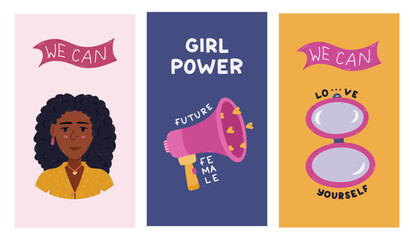 Lovely bright vertical stories set for International Women s Day with feminist inspirational doodle. Holiday greeting banner for social media with female portrait, megaphone, makeup mirror.