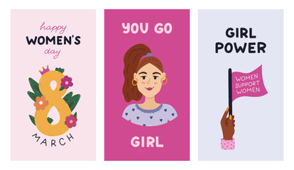 Obraz premium Trendy vertical stories set for International Women s Day with feminism movement clipart. Holiday banner for social media with arm with placard, woman avatar, number eight in flowers. You Go Girl.