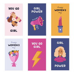 Obraz premium Trendy vertical stories set for International Women s Day with sisterhood clipart. Holiday minimalistic banner for social media with lightning bolt, sign of solidarity and woman support, lipstick.