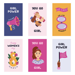Obraz premium Trendy colourful vertical stories set for International Women s Day with girl power, woman rights clipart, motivational lettering. Holiday banner for social media with lady, mirror, megaphone, eight.