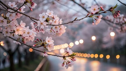 Obraz premium Cherry Blossom Branch with Soft Bokeh Lights in Spring Season
