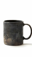 Dark ceramic mug, rustic texture, studio shot, white background, for coffee or tea