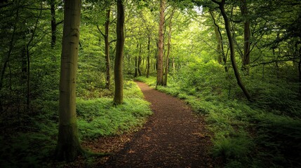 Fototapeta premium A Tranquil Pathway Through a Lush Green Forest Filled with Life and Nature