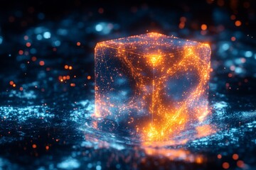 Transparent cube with fiery glowing particles inside