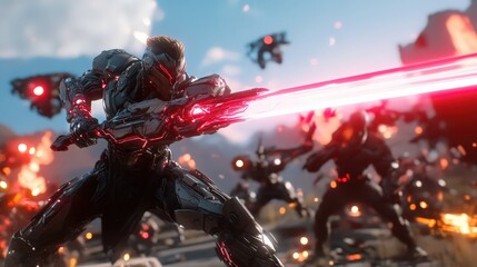 Futuristic Warrior in Battle Armor Wielding a Laser Sword in a Sci-Fi War