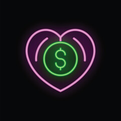 Glowing neon sign depicting a vibrant pink heart embracing a bright green dollar coin, symbolizing the concept of money and love