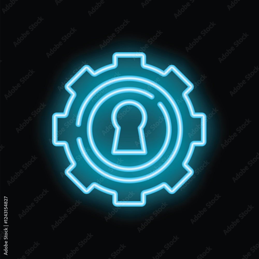 Poster glowing neon icon of a gear wheel containing a keyhole symbolizing secure configuration settings