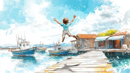 Fototapeta premium Joyful Young Kid Jumping on Dock by Fishing Village in Bright Sunny Day