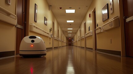 A futuristic hospital hallway with a cleaning robot. The image showcases modern healthcare technology and design.