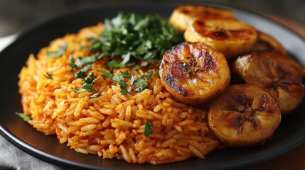 A Nigerian jollof rice with fried plantains