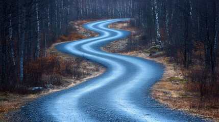 Fototapeta premium Winding Forest Road Journey, Autumnal Scenery, Travel Photography