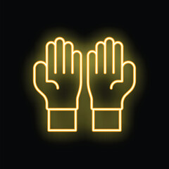 Obraz premium Neon sign of two hands with palms up in praying gesture glowing yellow on black background