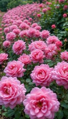 Fototapeta premium A vibrant display of blooming pink roses in a garden, showcasing their beauty and vitality, perfect for floral themes, nature projects, or romantic settings. 