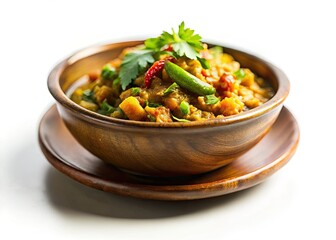 Miniature Kerala Kappa Puzhukku, tilt-shift effect.  Isolated, closeup, showcasing vibrant South Indian cuisine.