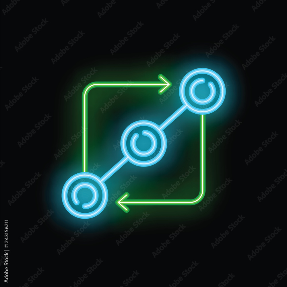 Poster neon sign illustrating a workflow process chart featuring interconnected circles and directional arr