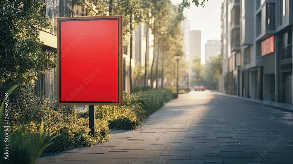 Poster Empty Red Signboard Mockup in Urban Environment Featuring Clear Space for Customization or Advertisement on a Sunny Day in a City Setting