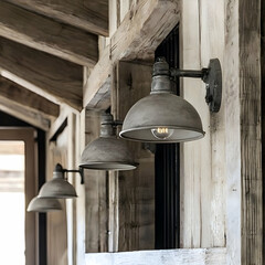 Obraz premium Rustic barn interior, three gray metal wall lamps illuminate hallway, exposed beams background, home decor inspiration