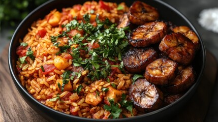 A Nigerian jollof rice with fried plantains
