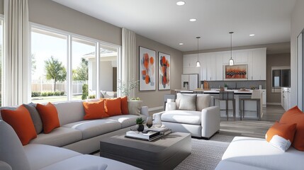 Fototapeta premium Modern family room with comfortable furniture, clean lines, and vibrant accent colors