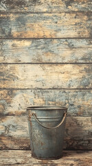 Naklejka premium Rustic metal bucket on weathered wooden wall