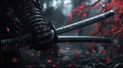An intricately detailed close-up of a samurai holding a katana, surrounded by ethereal glowing leaves in a mystical forest, capturing the essence of ancient warrior culture and mysticism.