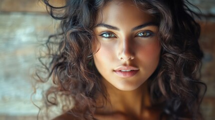 Fototapeta premium Beautiful woman with curly hair against a rustic background. Her captivating blue eyes sparkle with emotion and warmth.