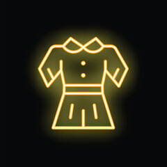 Neon sign of a vintage dress glowing yellow on black background