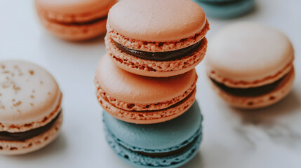Colorful macarons stacked on white background, showcasing their delicate texture and vibrant hues. close up highlights intricate details of these sweet treats, perfect for dessert lovers