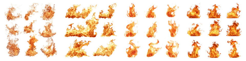 Fire flames isolated on transparent background, PNG, Set of
