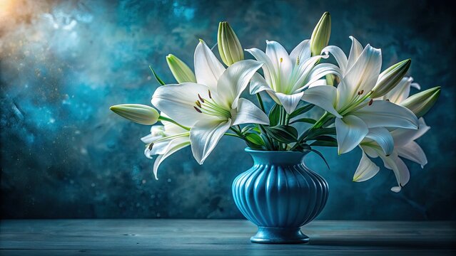 Night blooming white flowers, serenely displayed in a blue vase, captured in stunning low-light photography.