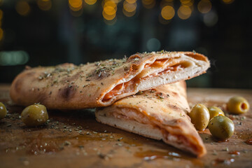 Mouthwatering cal zone cross-section with melted cheese oozing